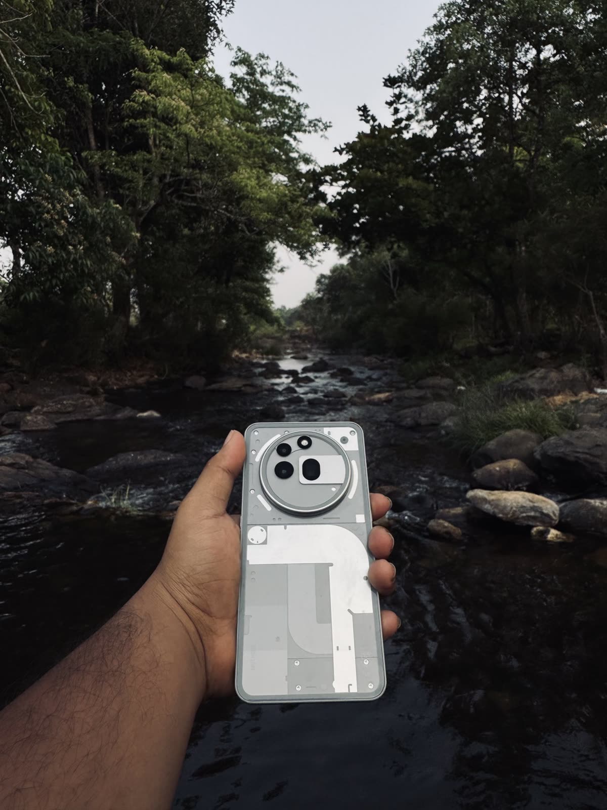 スマートフォンのカメラを川辺に向ける手